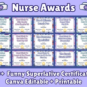 Puede incluir: Un conjunto de premios de enfermería imprimibles con superlativos humorísticos, como "Más probable que descifre la letra del médico" y "El especialista en sarcasmo". Los certificados son editables en Canva.