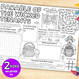 May include: A black and white printable activity sheet titled Parable of the Wicked Tenants featuring a word search, a maze, a word scramble, a tic tac toe grid, and drawing prompts related to the Gospel story, with a purple 2 sizes US Letter A4 circle.