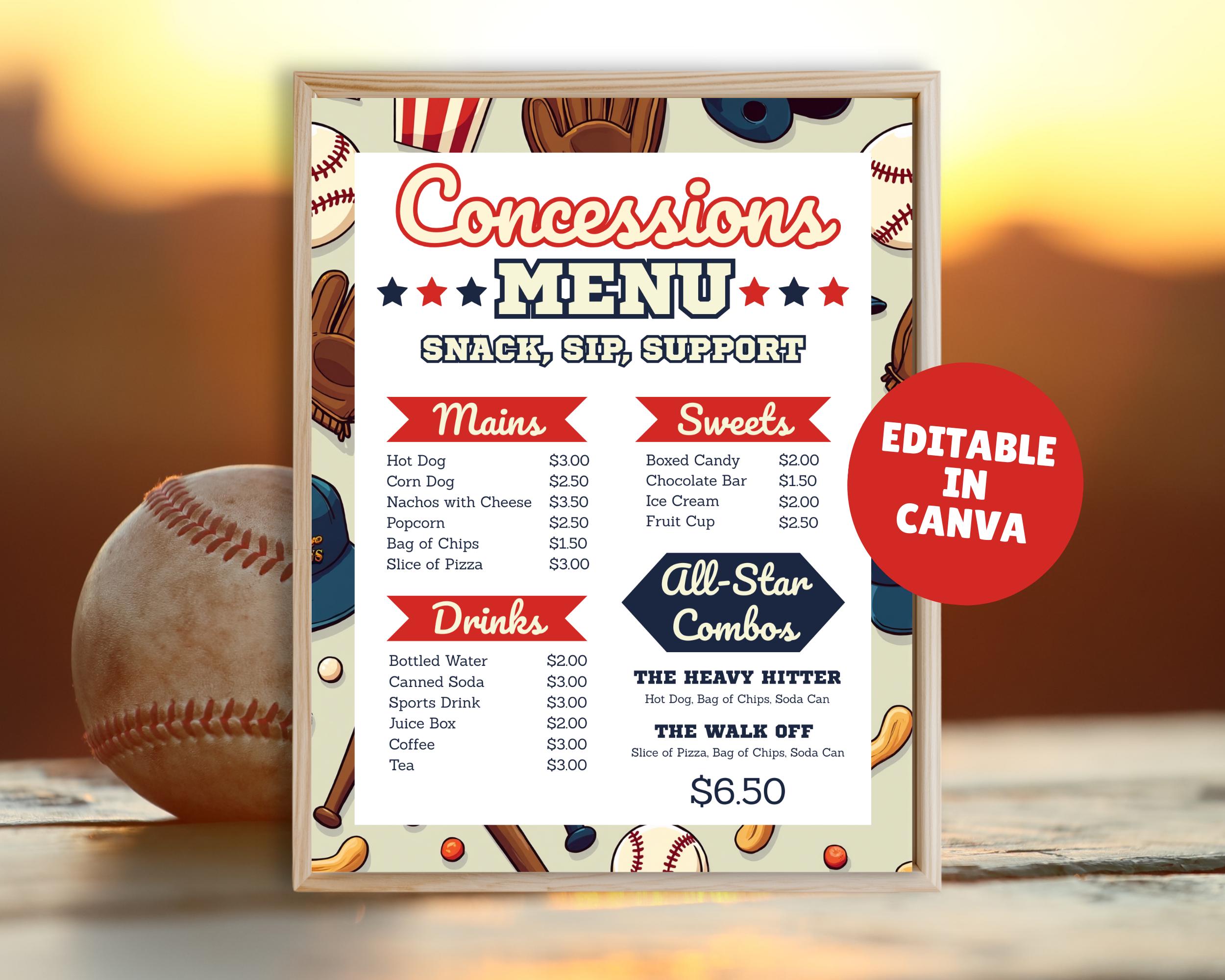 Baseball Concessions Menu Template, Editable Food Menu, Printable Game ...