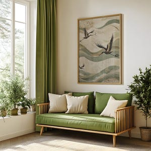 Sage green and beige textured japanese crane wabi sabi canvas wall art in home living room
