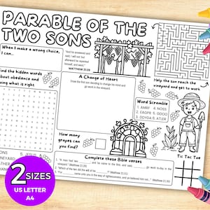 May include: A black and white activity sheet titled Parable of the Two Sons featuring a maze, word search, word scramble, and Bible verse completion tasks. The page includes illustrations of a vineyard, grapes, and a child with a shovel.