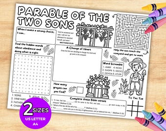 Parable of the Two Sons Activity Placemat, Matthew 21 Christian Sunday School Lesson, Kids Ministry Bible Games, Bible Coloring Pages