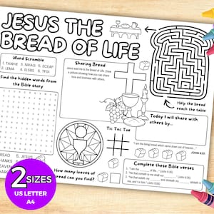 May include: Black and white activity sheet titled "JESUS THE BREAD OF LIFE" with word puzzles, a maze, and Bible verses. Includes a purple circle with "2 SIZES" and "US LETTER A4" text. Colouring pencils are visible.