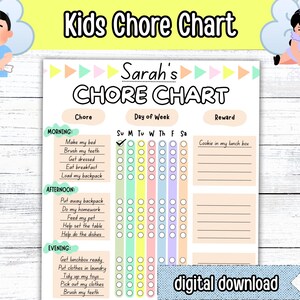 Puede incluir: Un gráfico de tareas para niños imprimible con el título "Kids Chore Chart" y "Sarah's Chore Chart". El gráfico incluye secciones para tareas, días de la semana y recompensas. El gráfico es una descarga digital.