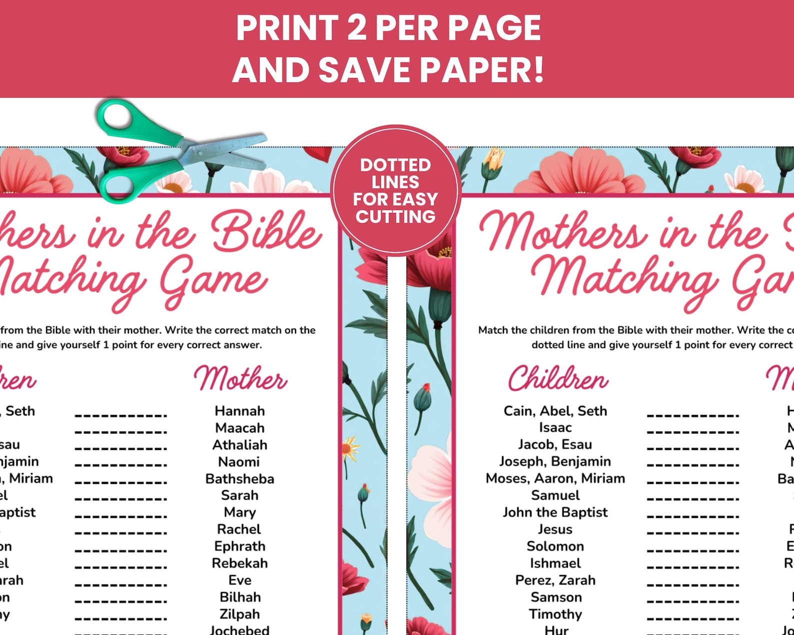 Mothers in the Bible Matching Game, Printable Mother's Day Bible Games ...
