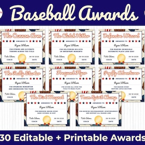 Può includere: Premi di baseball con titoli come "The Cannon Arm" e "Defensive Wizard". Ogni certificato è personalizzato con un nome, una descrizione e una data. Il design include palline e cuciture da baseball.