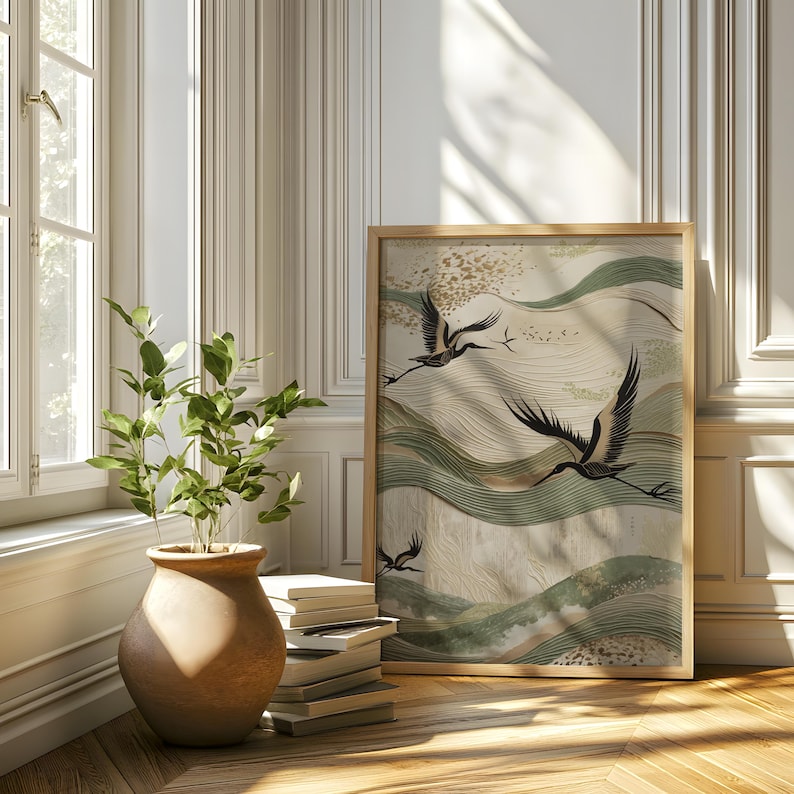 Sage green and beige textured japanese crane wabi sabi wall art in home living room