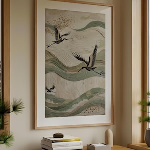 Sage green and beige textured japanese crane wabi sabi canvas wall art in home office