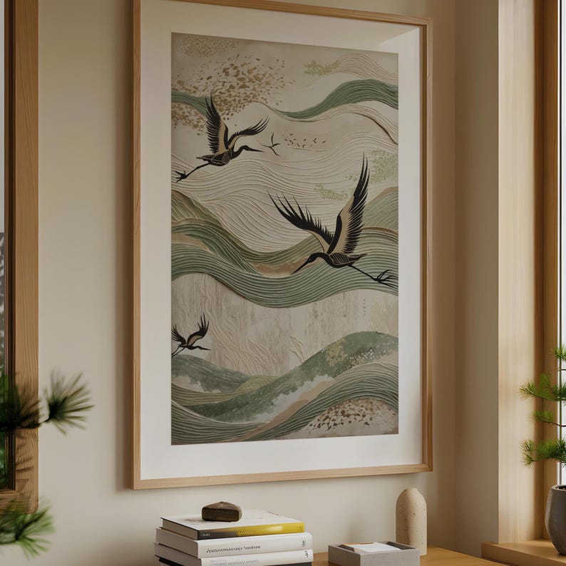 Sage green and beige textured japanese crane wabi sabi wall art in home