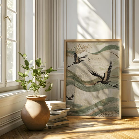 Beige and Sage Green Wabi Sabi Canvas, Textured Zen Japanese Crane Art, Abstract Minimalist Japandi Print, Japanese Waves Wall Art
