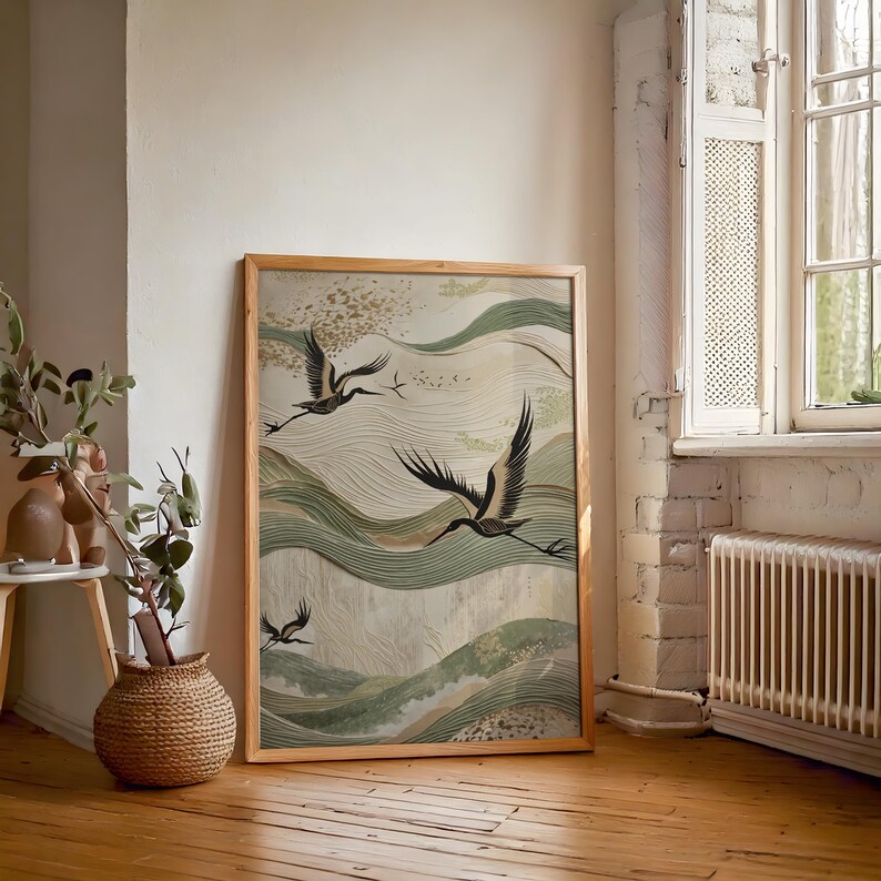 Sage green and beige textured japanese crane wabi sabi canvas wall art in home living room