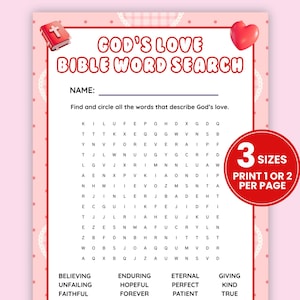 May include: A pink Bible word search puzzle with the text "God's Love Bible Word Search." The puzzle includes a word search grid, a space for a name, and a list of words to find. A red circle indicates 3 sizes and print options.