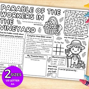 May include: A black and white printable activity sheet titled Parable of the Workers in the Vineyard. It features a word search, a maze, a tic-tac-toe grid, a word scramble, Bible verse fill-in-the-blanks, and a drawing space with a cartoon farmer.