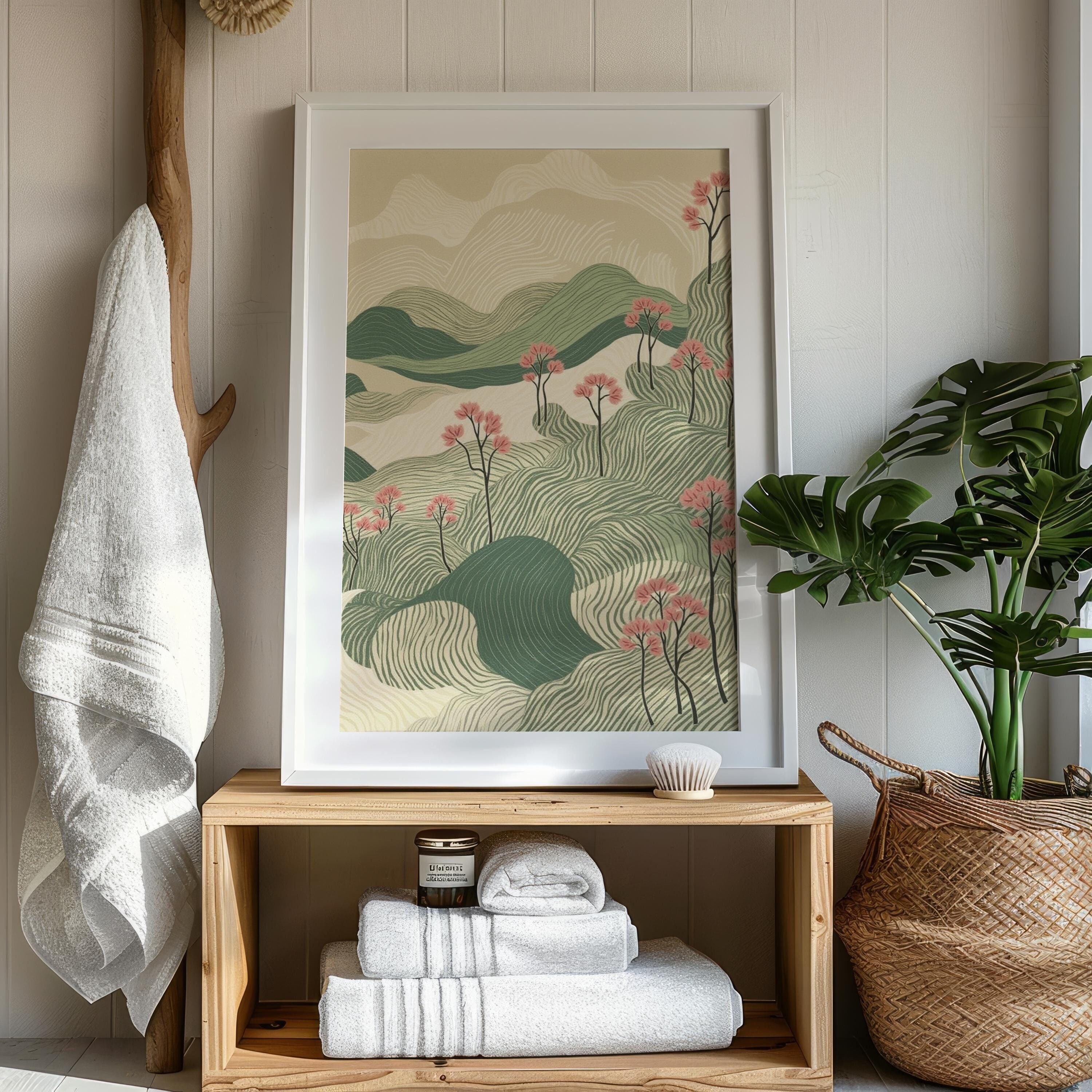 Abstrakte Landschaft Japanische Felder Druck, Beige und Salbei Grün Zen Skandinavisch Japanisch Wandkunst, gerahmtes neutrales Wabi Sabi Japandi Poster