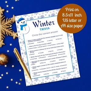 winter trivia game with answers print on 8.5x11 inch us letter or A4 size paper