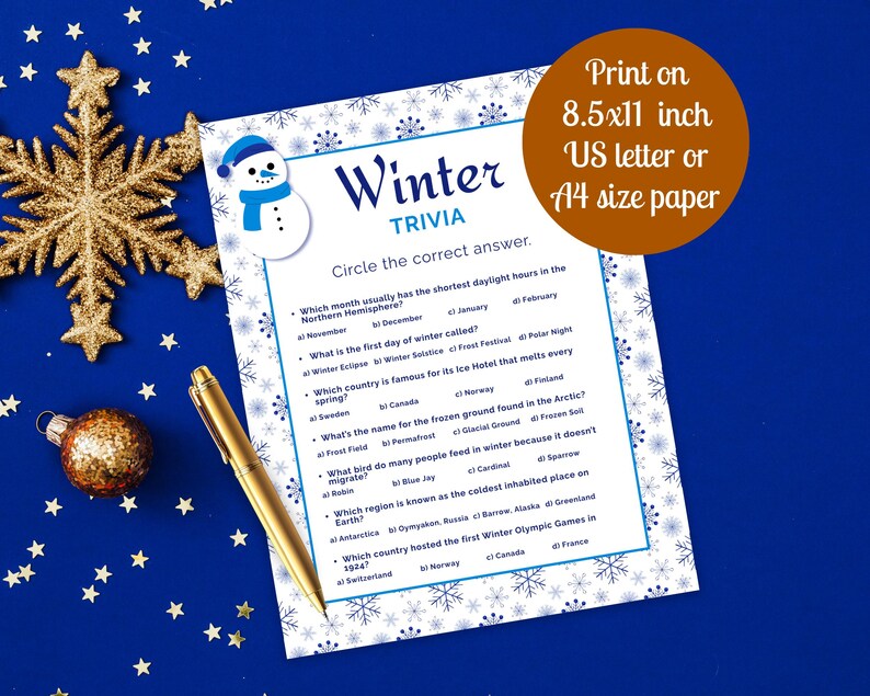 winter trivia game with answers print on 8.5x11 inch us letter or A4 size paper