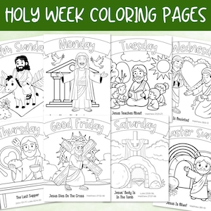 Peut inclure: Ensemble de huit pages à colorier en noir et blanc avec le texte "Holy Week Coloring Pages". Chaque page représente une scène différente de la Semaine Sainte, dont le dimanche des Rameaux, le lundi, le mardi, le mercredi, le jeudi, le vendredi saint, le samedi et le dimanche de Pâques.