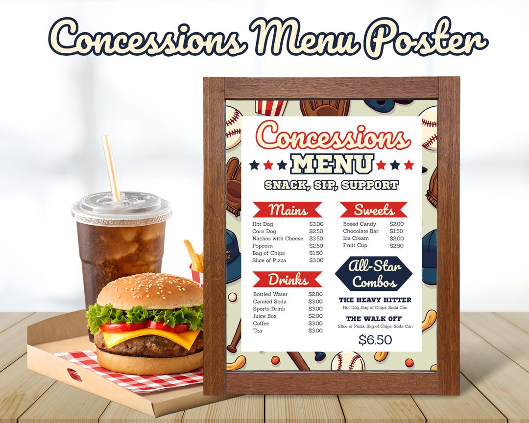 Baseball Menu Labels Baseball Concessions Menu Template, Editable Food Menu, Printable Game ...