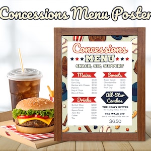 May include: A framed concessions menu poster with a baseball theme. The menu lists snacks, drinks, and combos. A burger, fries, and a soda are on a tray in front of the poster. The poster has the text "Concessions Menu".