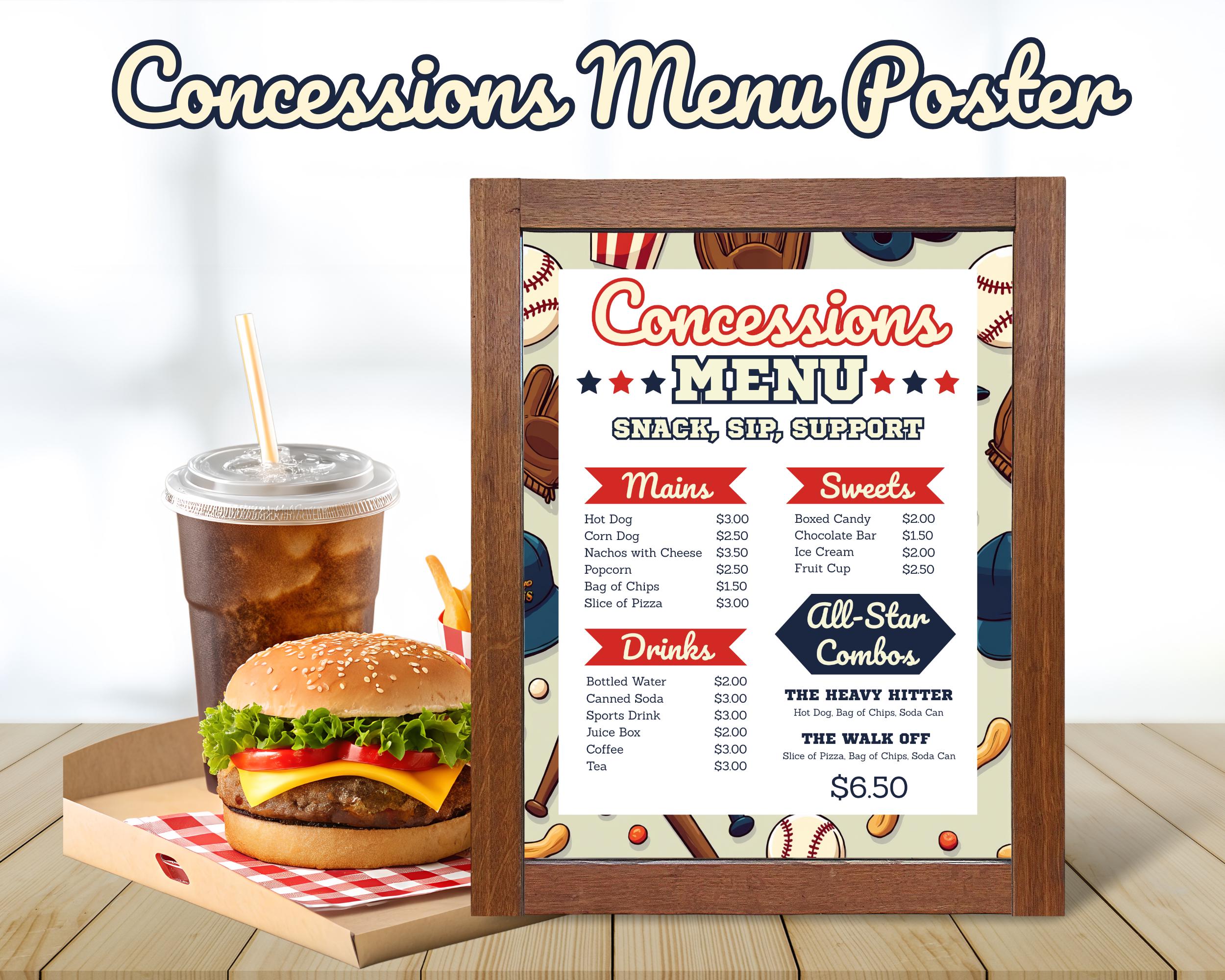 Baseball Concessions Menu Template, Editable Food Menu, Printable Game ...