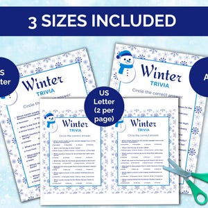 winter trivia game with answers 3 sizes included us letter, us letter 2 per page and A4