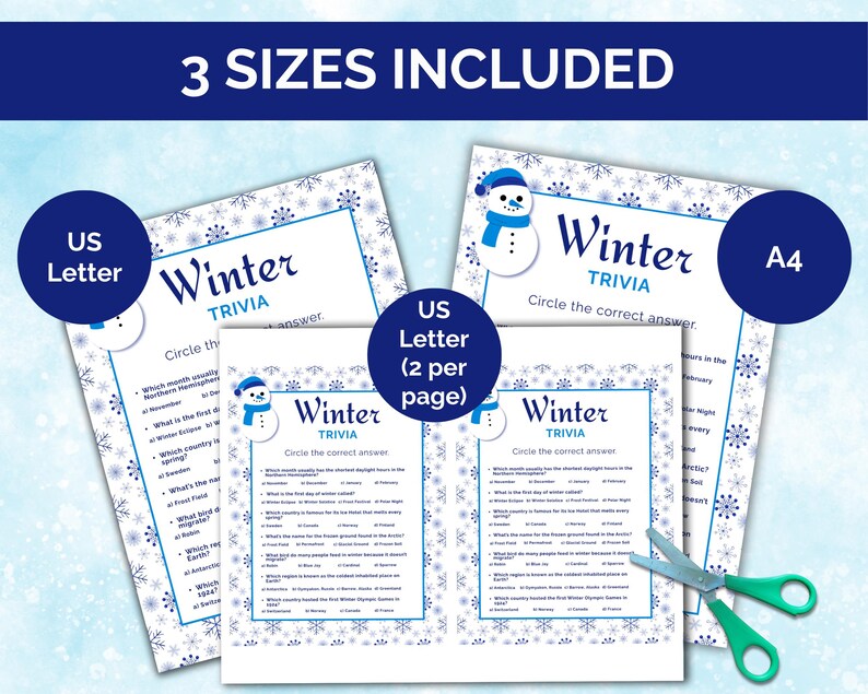 winter trivia game with answers 3 sizes included us letter, us letter 2 per page and A4