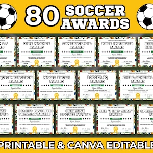 May include: A collection of 80 printable and Canva-editable football award certificates featuring various titles like Team MVP, Dirt Magnet, and Soccer IQ. Each white certificate includes black text, green accents, and a football-themed border design.