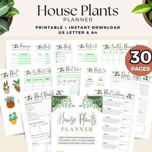 Puede incluir: Un conjunto de páginas imprimibles de planificador de plantas de interior en verde claro y blanco. El planificador incluye secciones para perfiles de plantas, horarios de riego y tareas diarias. La portada dice "House Plants Planner".