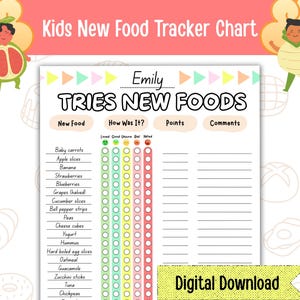 May include: A colorful kids' food tracker chart with the text "Kids New Food Tracker Chart" and "TRIES NEW FOODS". The chart includes sections for "New Food", "How Was It?", "Points", and "Comments". It is a digital download.