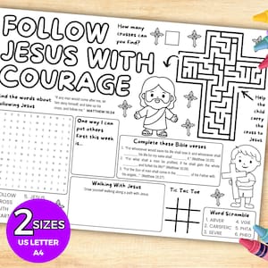 以下が含まれることがあります： Follow Jesus With Courageというタイトルの白黒印刷可能なアクティビティシート。十字架の迷路、単語探し、聖書の節の穴埋め、三目並べ、単語スクランブルが含まれており、2 Sizes US Letter A4と書かれた紫色の円が配置されています。