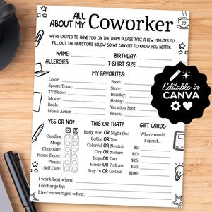 May include: A white paper questionnaire titled All About My Coworker with black text and line drawings. It includes sections for personal details, favourites, yes or no questions, this or that choices, and gift card preferences, with a black badge stating Editable in CANVA.