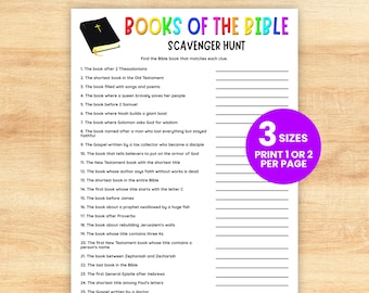 May include: A white paper sheet titled Books of the Bible Scavenger Hunt with a black Bible illustration, twenty-five numbered clues, and blank lines for answers. A purple circular graphic states 3 SIZES PRINT 1 OR 2 PER PAGE.