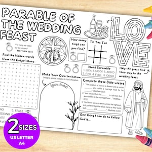 Może przedstawiać: Czarno-biała arkusz aktywności do druku zatytułowany Parable of the Wedding Feast, zawierający wykreślankę, labirynt w kształcie słowa LOVE, grę w kółko i krzyżyk, rozsypankę wyrazową, fragmenty Biblii do uzupełnienia oraz miejsce na rysunek.