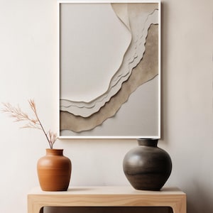 Stampa Japandi su carta strutturata ondulata, toni beige neutri, arte murale giapponese scandinava astratta, poster Wabi Sabi minimalista moderno con cornice