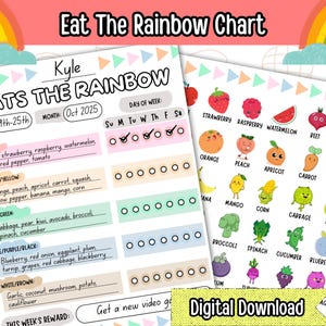 Può includere: Un download digitale stampabile intitolato "Eat The Rainbow Chart". Il grafico è progettato per monitorare il consumo di frutta e verdura. Include un elenco di prodotti classificati per colore, con illustrazioni e spazio per monitorare l'assunzione giornaliera. Il testo "Digital Download" è anch'esso visibile.