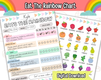 Eat The Rainbow Chart Printable, Fruits and Vegetables Kids Food Journal, Kids Behavior Chart, Nutrition Reward Chart, Healthy Eating Chart
