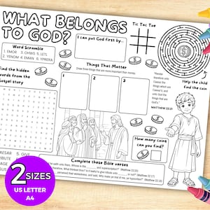May include: A black and white printable activity sheet titled What Belongs To God featuring a word scramble, a word search, a maze with a coin, a tic-tac-toe board, drawing boxes, Bible verses, and an illustration of a child and biblical figures.