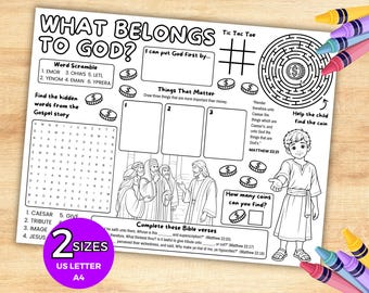 May include: A black and white printable activity sheet titled What Belongs To God featuring a word scramble, a word search, a maze with a coin, a tic-tac-toe board, drawing boxes, Bible verses, and an illustration of a child and biblical figures.
