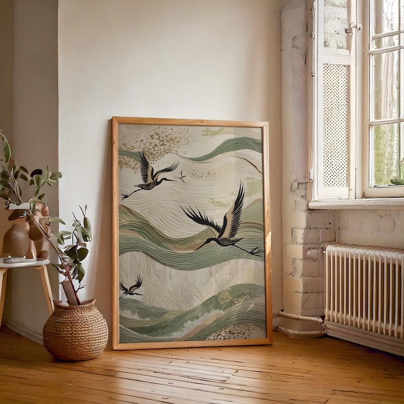 Sage green and beige textured japanese crane wabi sabi wall art in home living room