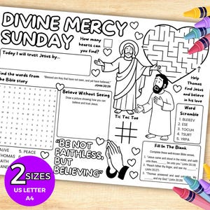Mantel individual con actividades bíblicas del Domingo de la Divina Misericordia, lección de escuela dominical cristiana, juegos bíblicos para niños de la iglesia, páginas para colorear de la Biblia.