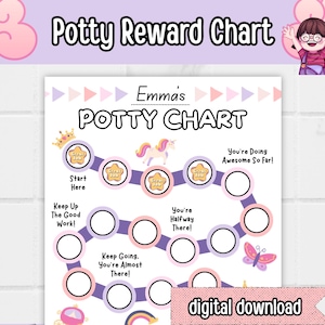 May include: A potty training reward chart with the text "Potty Reward Chart" and "Emma's POTTY CHART". The chart includes a path with circles, a unicorn, a butterfly, and the words "digital download".