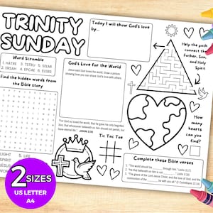 May include: A black and white Trinity Sunday activity sheet with word scrambles, a maze, and Bible verses. The sheet includes the text "2 Sizes" and "US Letter A4". Crayons in various colors are placed around the sheet.