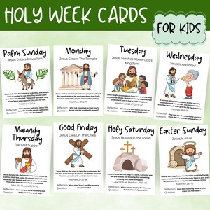 Puede incluir: Un conjunto de tarjetas coloridas de la Semana Santa para niños, con ilustraciones y texto sobre el Domingo de Ramos, el Lunes, el Martes, el Miércoles, el Jueves Santo, el Viernes Santo, el Sábado Santo y el Domingo de Resurrección.