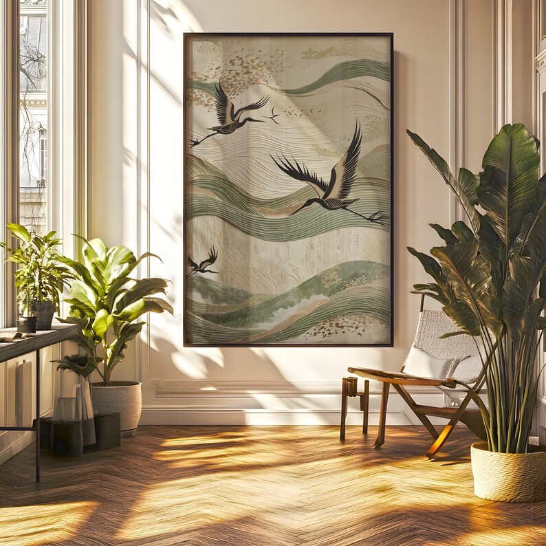 Sage green and beige textured japanese crane wabi sabi canvas wall art in home living room