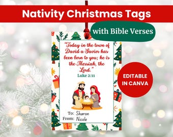 Op de afbeelding: Kerstcadeaulabels met een illustratie van de geboorte van Jezus en een Bijbelvers uit Lucas 2:11. De labels hebben een rode en groene rand, met kerstbomen en cadeaudozen. Tekst bevat "Nativity Christmas Tags" en "Editable in Canva".