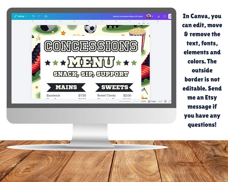 Soccer Concessions Menu Template, Editable Food Menu, Printable Game ...