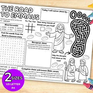 Road to Emmaus Bible Activity Placemat, Christian Sunday School Lesson, Kids Ministry Church Bible Games, Bible Coloring Pages