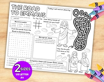 Road to Emmaus Bible Activity Placemat, christelijke zondagsschoolles, kinderbediening kerkbijbelspellen, kleurplaten van de Bijbel