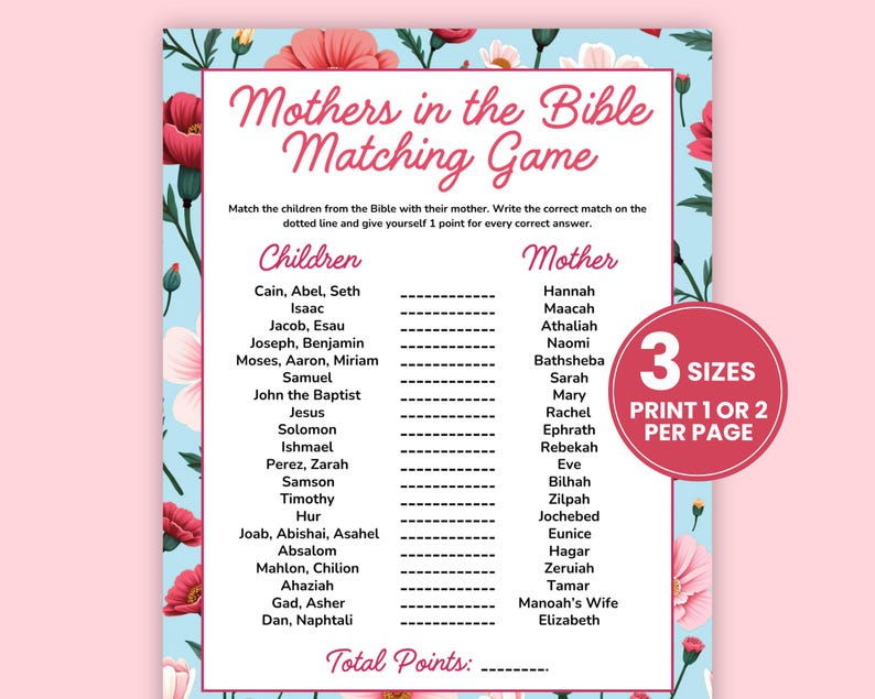 Mothers in the Bible Matching Game, Printable Mother's Day Bible Games ...