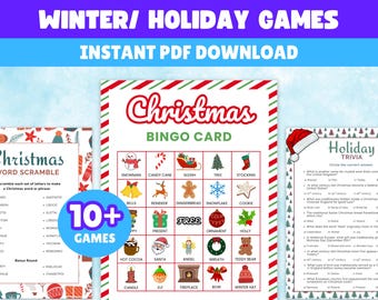 Weihnachtsspiele Bundle, 10+ druckbare Weihnachts- und Winterspiele für Kinder und Erwachsene, Weihnachtstrivia, Weihnachtsbingo, Büropartyspiele
